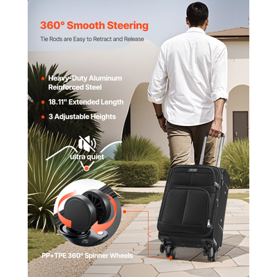 20-Inch Softside Expandable Luggage with Spinner Wheels Carry on Suitcase Black | VEVOR US