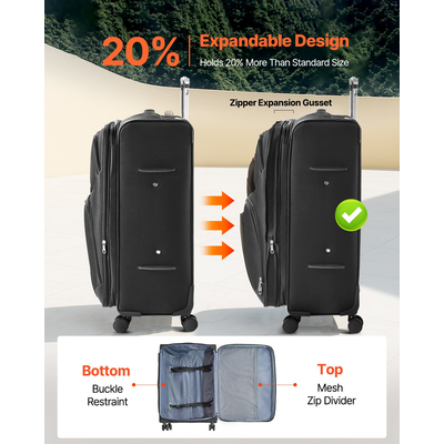 28-Inch Softside Expandable Luggage with Spinner Wheels Checked Suitcase Black | VEVOR US