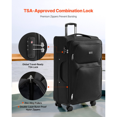 28-Inch Softside Expandable Luggage with Spinner Wheels Checked Suitcase Black | VEVOR US