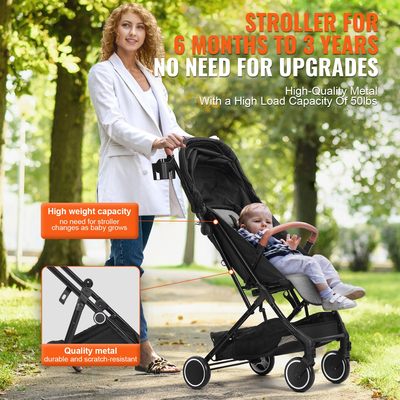 VEVOR Standard Baby Infant Stroller, Toddler Stroller with 95°-150° Adjustable Backrest & & 0/90°Adjustable Footrest & One-click Folding, Newborn Stroller with Cup Holder and Carry Bag, Black  | VEVOR US