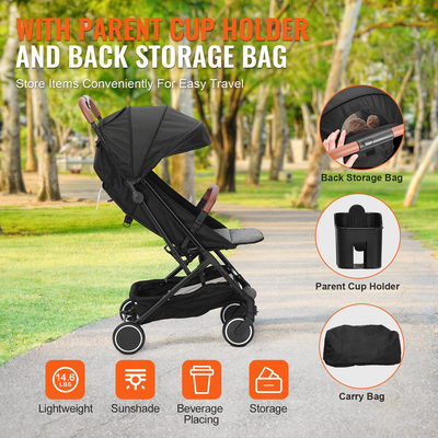 VEVOR Standard Baby Infant Stroller, Toddler Stroller with 95°-150° Adjustable Backrest & & 0/90°Adjustable Footrest & One-click Folding, Newborn Stroller with Cup Holder and Carry Bag, Black  | VEVOR US