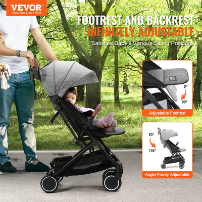 VEVOR Standard Baby Infant Stroller, Toddler Stroller with 95°-150° Adjustable Backrest & & 0/90°Adjustable Footrest & One-click Folding, Newborn Stroller with Cup Holder and Carry Bag, Dark Grey  | VEVOR US