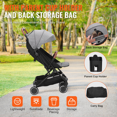 VEVOR Standard Baby Infant Stroller, Toddler Stroller with 95°-150° Adjustable Backrest & & 0/90°Adjustable Footrest & One-click Folding, Newborn Stroller with Cup Holder and Carry Bag, Dark Grey  | VEVOR US