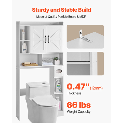 VEVOR Ντουλάπι Αποθήκευσης Μπάνιου Πάνω από την Τουαλέτα με Ρυθμιζόμενο Ράφι Λευκό 66" Υ