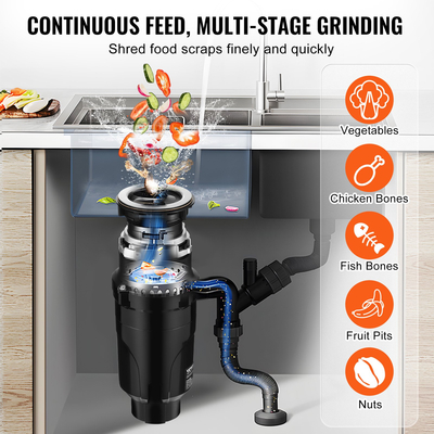 Garbage Disposal 1/2 HP Continuous Food Waste Disposer 3450RPM EZ Connect Corded | VEVOR US