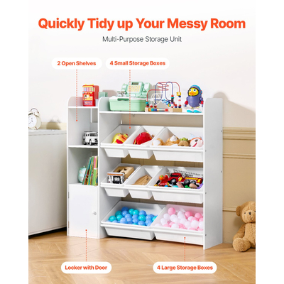 VEVOR 4-επιπέδων παιδική βιβλιοθήκη και αποθήκευση παιχνιδιών με 8 εύκαμπτα πλαστικά δοχεία, λευκό