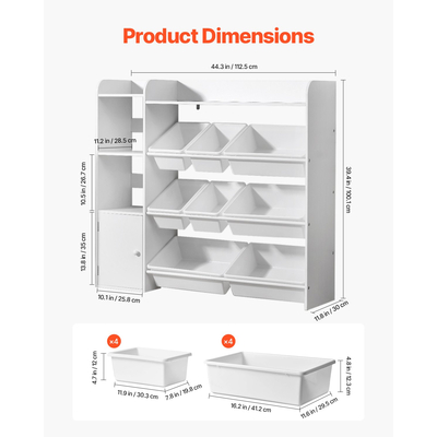 VEVOR 4-επιπέδων παιδική βιβλιοθήκη και αποθήκευση παιχνιδιών με 8 εύκαμπτα πλαστικά δοχεία, λευκό
