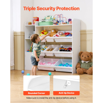 VEVOR 4-επιπέδων παιδική βιβλιοθήκη και αποθήκευση παιχνιδιών με 8 εύκαμπτα πλαστικά δοχεία, λευκό