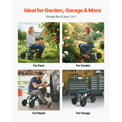 VEVOR Τροχαίο καρότσι κήπου με περιστρεφόμενο κάθισμα, τροχούς παντός εδάφους, δίσκος εργαλείων 300 λίβρες