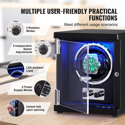 VEVOR Watch Winder, Single Watch Winder for Men&#039;s and Women&#039;s Automatic Watch, with Super Quiet Japanese Mabuchi Motor, Blue LED Light and Adapter, High-Density Board Shell and Black PU  | VEVOR US