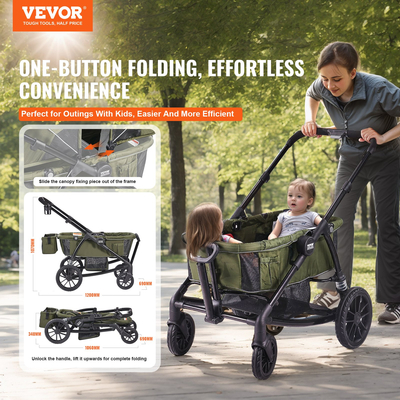 VEVOR All-Terrain Stroller Wagon, 2 Seats Foldable Expedition 2-in-1 Collapsible Wagon Stroller, Includes Canopy, Parent Organizer, Snack Tray & Cup Holders, 55lbs for Single Seat, Olive Green  | VEVOR US