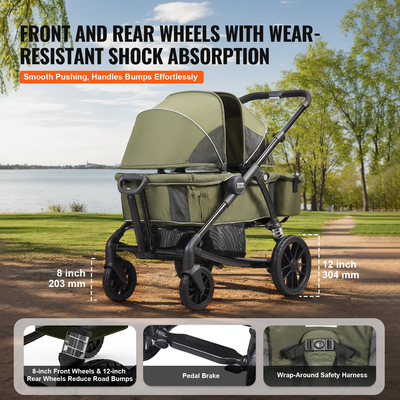 VEVOR All-Terrain Stroller Wagon, 2 Seats Foldable Expedition 2-in-1 Collapsible Wagon Stroller, Includes Canopy, Parent Organizer, Snack Tray & Cup Holders, 55lbs for Single Seat, Olive Green  | VEVOR US