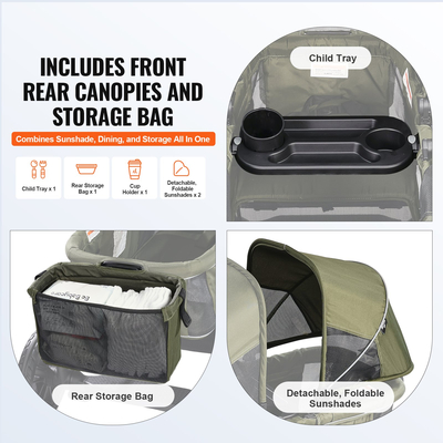 VEVOR All-Terrain Stroller Wagon, 2 Seats Foldable Expedition 2-in-1 Collapsible Wagon Stroller, Includes Canopy, Parent Organizer, Snack Tray & Cup Holders, 55lbs for Single Seat, Olive Green  | VEVOR US