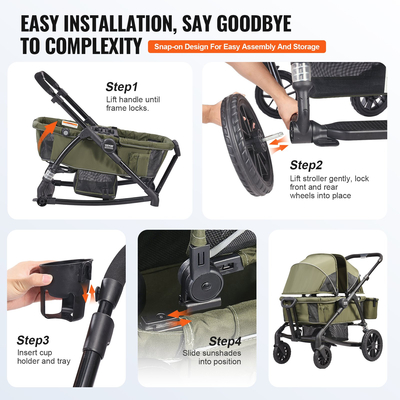 VEVOR All-Terrain Stroller Wagon, 2 Seats Foldable Expedition 2-in-1 Collapsible Wagon Stroller, Includes Canopy, Parent Organizer, Snack Tray & Cup Holders, 55lbs for Single Seat, Olive Green  | VEVOR US