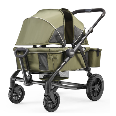 VEVOR All-Terrain Stroller Wagon, 2 Seats Foldable Expedition 2-in-1 Collapsible Wagon Stroller, Includes Canopy, Parent Organizer, Snack Tray & Cup Holders, 55lbs for Single Seat, Olive Green  | VEVOR US