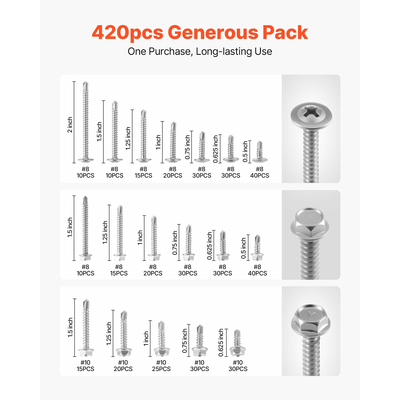 420 Pc Self Drilling Screw Assortment Set #8 #10 Hex/Phillips Head 1/2 to 2 Inch | VEVOR US