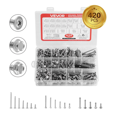 420 Pc Self Drilling Screw Assortment Set #8 #10 Hex/Phillips Head 1/2 to 2 Inch | VEVOR US