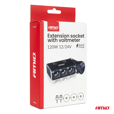 ΑΝΤΑΠΤΟΡΑΣ ΑΝΑΠΤΗΡΑ 12/24V 120W ΨΗΦΙΑΚΟΣ ΜΑΥΡΟΣ/3 ΘΕΣΕΙΣ/2xUSB-A QC 3.0  ΜΕ ΚΑΛΩΔΙΟ 80cm AMIO - 1 Τεμ.