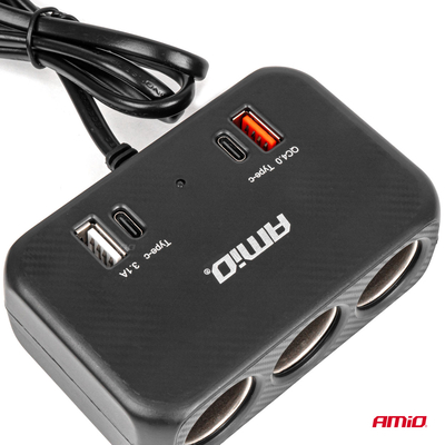 ΑΝΤΑΠΤΟΡΑΣ ΑΝΑΠΤΗΡΑ 12/24V 120W ΜΑΥΡΟΣ/3 ΘΕΣΕΙΣ/1xUSB-A+1xUSB-C QC 4.0 ΤΑΧΕΙΑΣ ΦΟΡΤΙΣΗΣ/ΚΑΛΩΔΙΟ 80cm AMIO - 1 Τεμ.