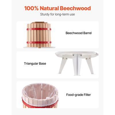 VEVOR Πιεστήριο Κρασιού Φρούτων Χειροκίνητη Πίεση για Οινοποίηση Ξύλινο Καλάθι 3,2 Γαλονιών/12 Λίτρων