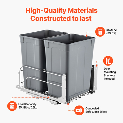 VEVOR Διπλός Δοχείο Απορριμμάτων Κουζίνας με Soft Close, Γκρι 35QTx2