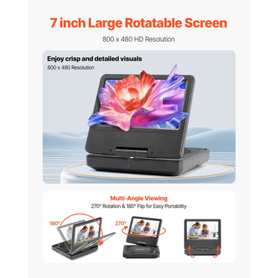 Φορητή συσκευή αναπαραγωγής DVD VEVOR με περιστρεφόμενη οθόνη 178 mm, ενσωματωμένη μπαταρία 4 ωρών