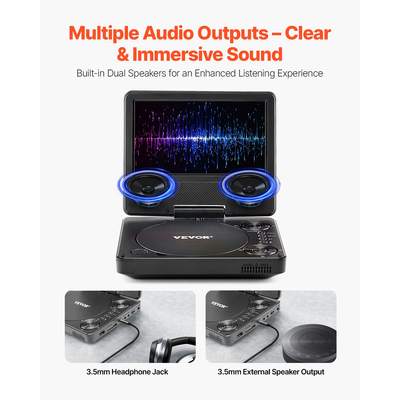 Φορητή συσκευή αναπαραγωγής DVD VEVOR με περιστρεφόμενη οθόνη 178 mm, ενσωματωμένη μπαταρία 4 ωρών