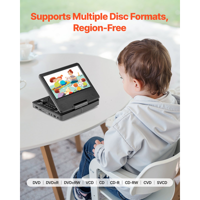Φορητή συσκευή αναπαραγωγής DVD VEVOR με περιστρεφόμενη οθόνη 178 mm, ενσωματωμένη μπαταρία 4 ωρών