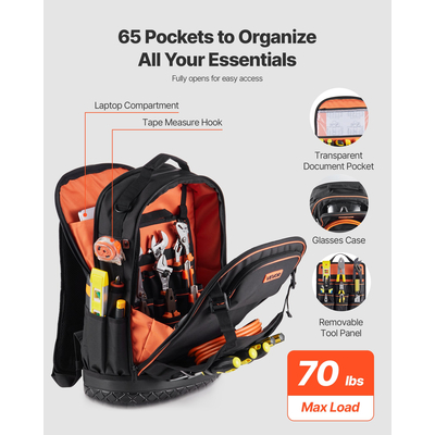 Σακίδιο Εργαλείων VEVOR με 65 Θήκες Εργαλείων, Ανθεκτικό στο Σκίσιμο, Σακίδιο Εργασίας