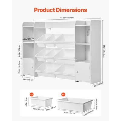 VEVOR Μεγάλη Παιδική Βιβλιοθήκη 4 Επιπέδων με 8 Πλαστικά Κάδους, Λευκή