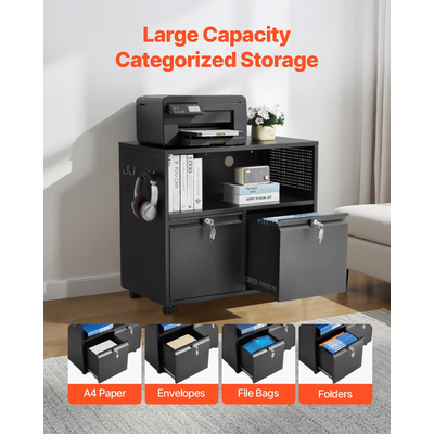 VEVOR Μεταλλική Ντουλάπα Αρχειοθέτησης με 2 Συρτάρια, Πλαϊνή, Μαύρο