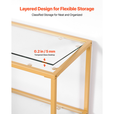 VEVOR Τραπεζάκι Κονσόλας 3 Επιπέδων από Γυάλινο Ορθογώνιο Καναπές-Πλευρικό Τραπεζάκι με Αντιανατροπή, Χρυσό