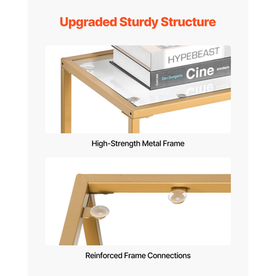 VEVOR Τραπεζάκι Κονσόλας 3 Επιπέδων από Γυάλινο Ορθογώνιο Καναπές-Πλευρικό Τραπεζάκι με Αντιανατροπή, Χρυσό