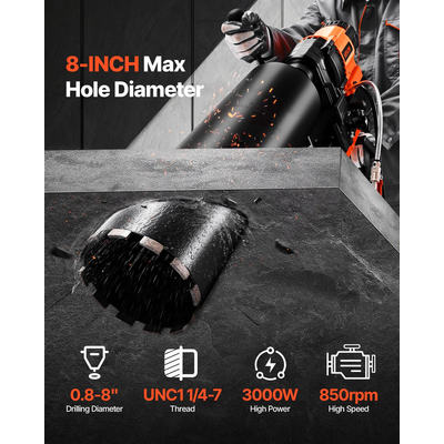 VEVOR Μηχανή τρυπανιού με διαμαντένιο πυρήνα, τρυπάνι σκυροδέματος με βάση 8 ιντσών 3000W
