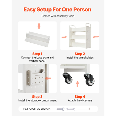 VEVOR Τριώροφο Τροχήλατο Βιβλιοφορείο με Ράφια Σχήματος W Διπλής Όψης σε Λευκό Χρώμα