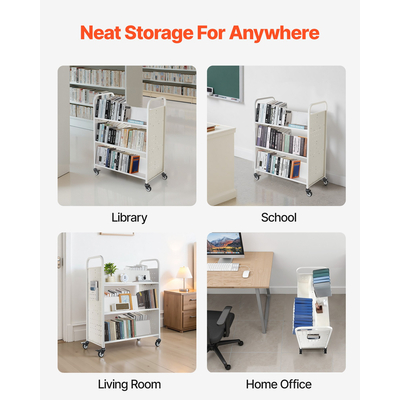 VEVOR Τριώροφο Τροχήλατο Βιβλιοφορείο με Ράφια Σχήματος W Διπλής Όψης σε Λευκό Χρώμα