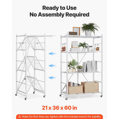 VEVOR Πτυσσόμενο Ράφι Αποθήκευσης με Ρόδες 4 Επιπέδων χωρίς Συναρμολόγηση, Λευκό