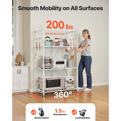 VEVOR Πτυσσόμενο Ράφι Αποθήκευσης με Ρόδες 4 Επιπέδων χωρίς Συναρμολόγηση, Λευκό