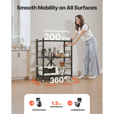 VEVOR Τριώροφο πτυσσόμενο ράφι αποθήκευσης με ρόδες, μεταλλικά ράφια 30 x 13 x 36 ιντσών