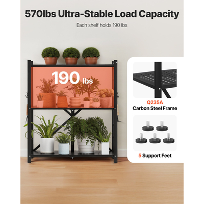 VEVOR Τριώροφο πτυσσόμενο ράφι αποθήκευσης με ρόδες, μεταλλικά ράφια 30 x 13 x 36 ιντσών