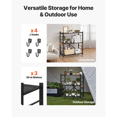 VEVOR Τριώροφο πτυσσόμενο ράφι αποθήκευσης με ρόδες, μεταλλικά ράφια 30 x 13 x 36 ιντσών