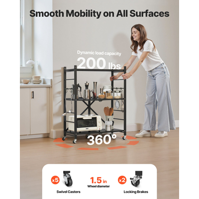 VEVOR Τριώροφο πτυσσόμενο ράφι αποθήκευσης με ρόδες, μεταλλικά ράφια 28 x 13 x 36 ιντσών