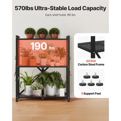 VEVOR Τριώροφο πτυσσόμενο ράφι αποθήκευσης με ρόδες, μεταλλικά ράφια 28 x 13 x 36 ιντσών