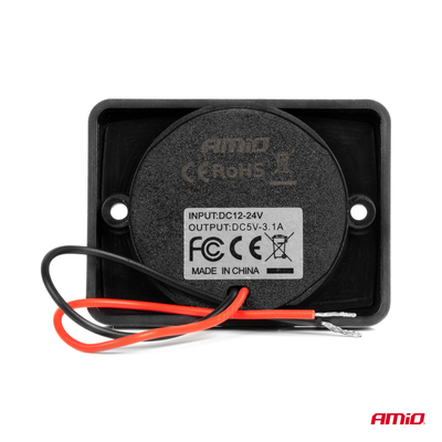 ΠΡΙΖΑ ΜΕ 2 ΘΥΡΕΣ USB ΚΑΙ ΚΑΠΑΚΙ 12/24V ΑΔΙΑΒΡΟΧΗ ΤΕΤΡΑΓΩΝΟ ΣΧΗΜΑ ΜΕ ΚΟΚΚΙΝΟ LED ΦΩΣ ΜΑΥΡΗ AMIO - 1 Τεμ.
