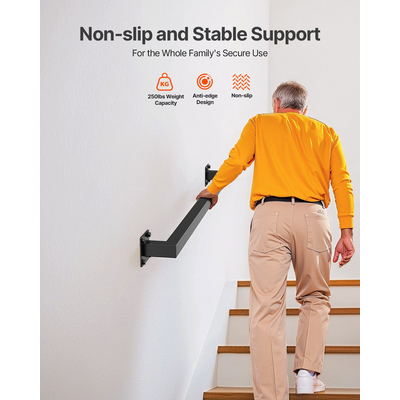 VEVOR Επιτοίχια Κουπαστή Σκάλας 1215mm Μαύρο Σιδερένιο, Τετράγωνο Σωλήνα Φορτίο 113kg