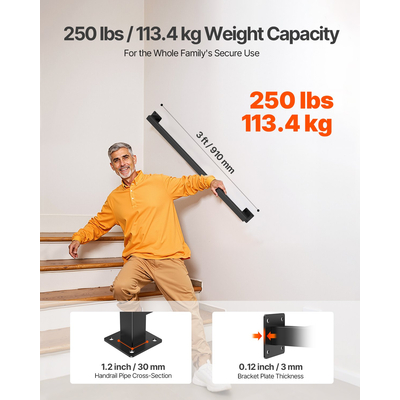 VEVOR Επιτοίχια Κουπαστή Σκάλας 1215mm Μαύρο Σιδερένιο, Τετράγωνο Σωλήνα Φορτίο 113kg