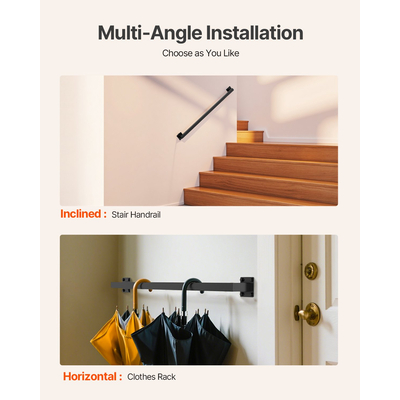 VEVOR Επιτοίχια Κουπαστή Σκάλας 1215mm Μαύρο Σιδερένιο, Τετράγωνο Σωλήνα Φορτίο 113kg