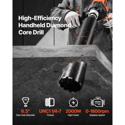 VEVOR Τρυπάνι με διαμαντένιο πυρήνα, φορητό τρυπάνι σκυροδέματος με πυρήνα 6,3 ιντσών 2000W