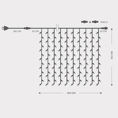 ΚΟΥΡΤΙΝΑ, 200 LED 5mm, 230V, 3 ΕΠΕΚΤΑΣΕΙΣ ΕΩΣ 5 ΣΕΤ, ΠΡΑΣΙΝΟ ΚΑΟΥΤΣΟΥΚ ΚΑΛΩΔΙΟ, ΛΕΥΚΟ LED, (H100 x W200cm, 20 LINES x 10 LED), ΠΡΟΕΚΤΑΣΗ ΠΑΡΟΧΗΣ 1,5m ΙΡ65