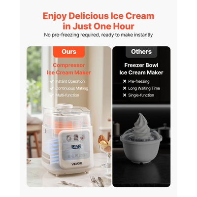 Αυτόματη παγωτομηχανή VEVOR 1 λίτρου με ενσωματωμένο συμπιεστή χωρίς προκατάψυξη